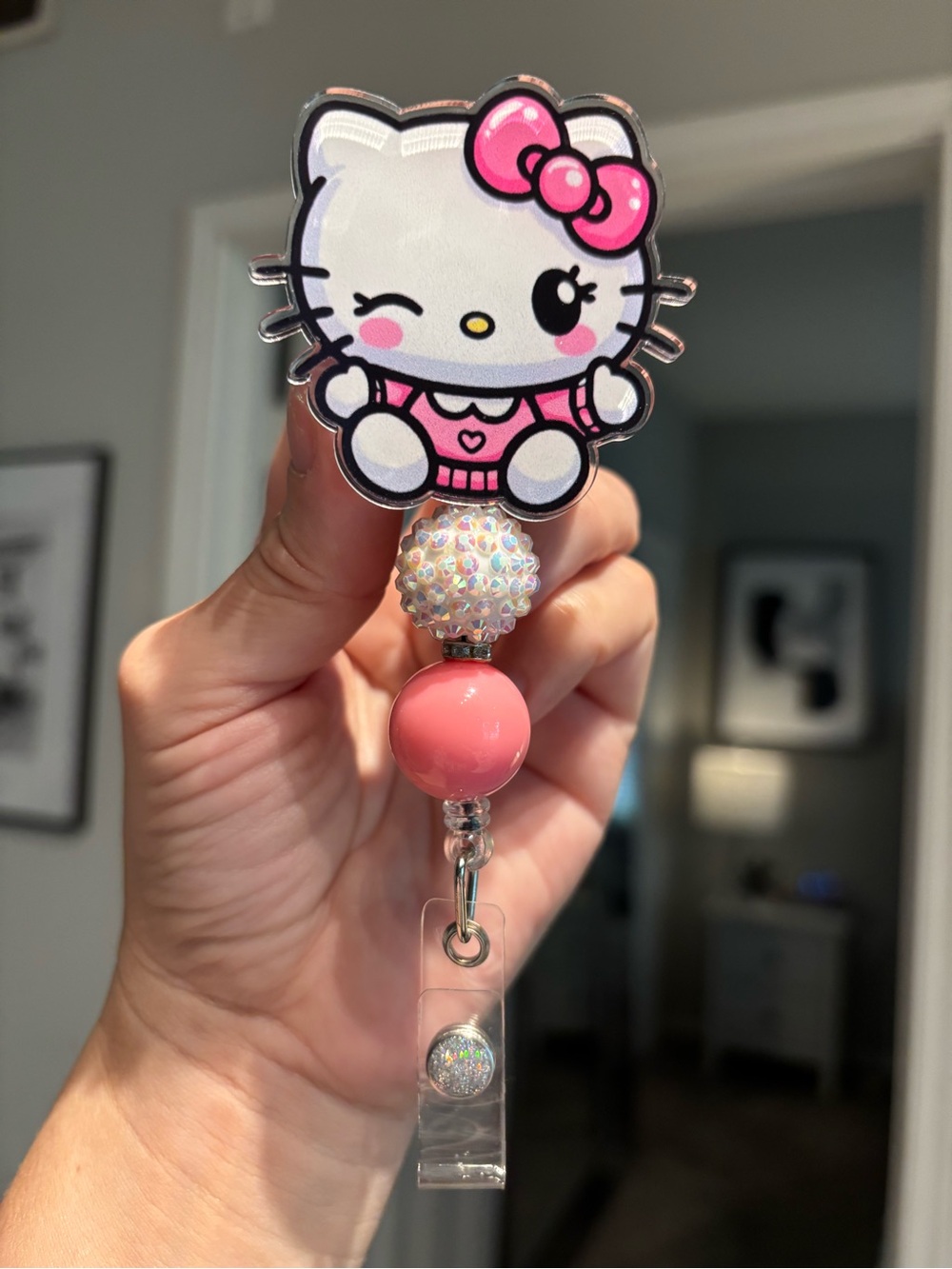Handmade Winking Pink Kitty Badge Reel with Bow & Sparkly Beads